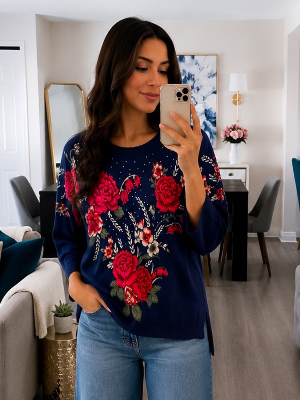 Cathy Daniels Blue Red Floral Sweater L Jeweled Soft Top 3/4 Sleeve GrandmaCore